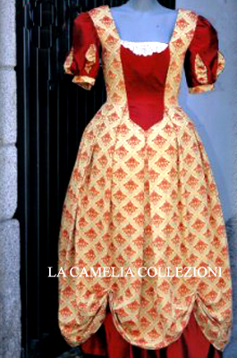 vestiti rinascimentali - vestiti stile 700 - vestiti in tessuto broccato - bicolore bordeaux e drappeggio - la camelia collezioni