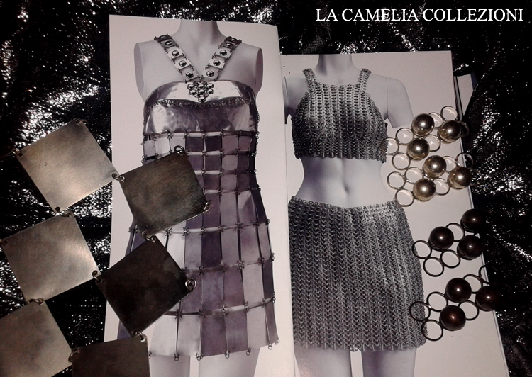 moda futuristica - paco rabanne - piastrine in metallo per abiti futuristici - la camelia collezioni