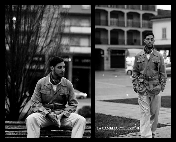uomo coloniale - vestiti stile coloniale - giacca cachi con accessori - la camelia collezioni